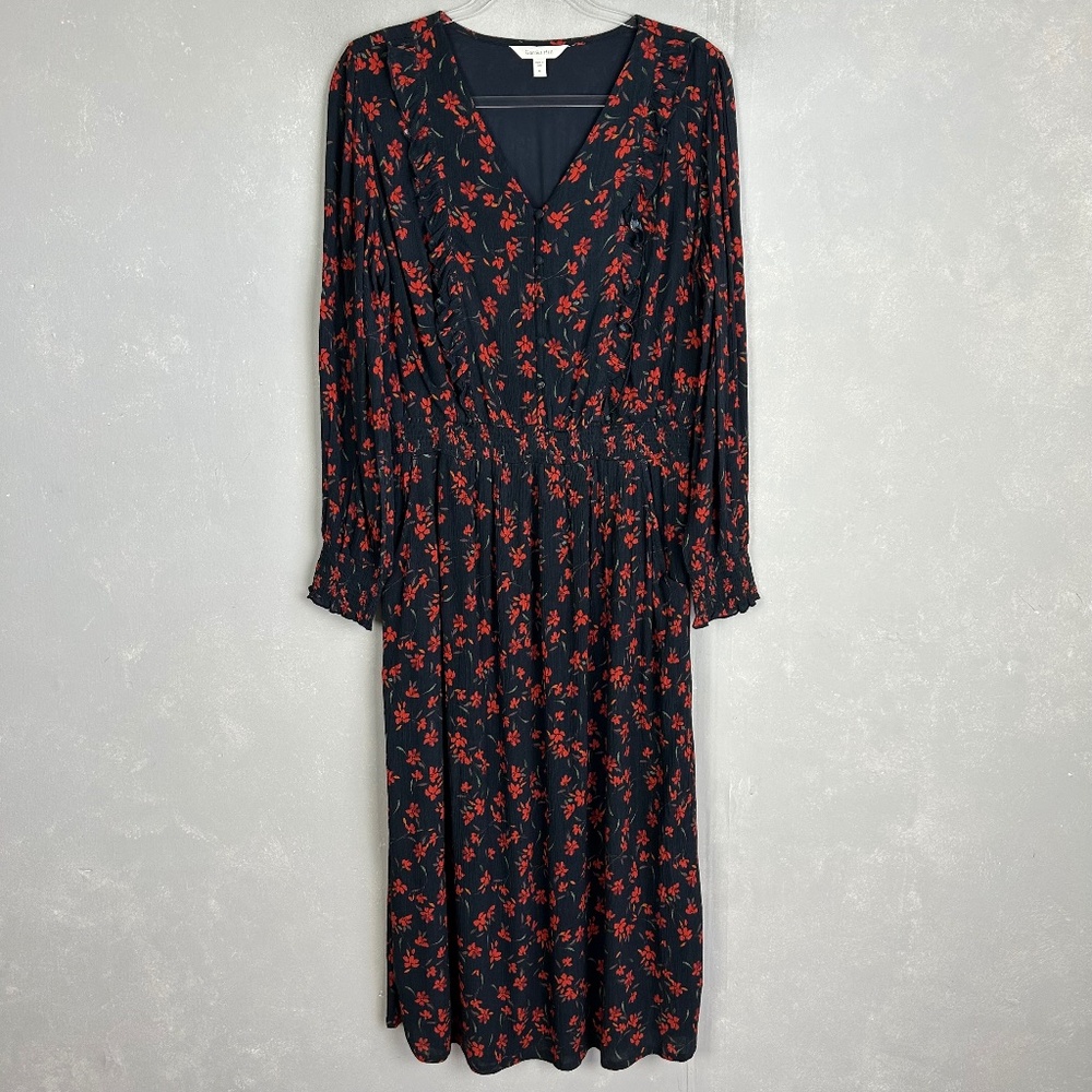 Garnet Hill size M midi dress ruffle crepe black red floral smocked waist modest